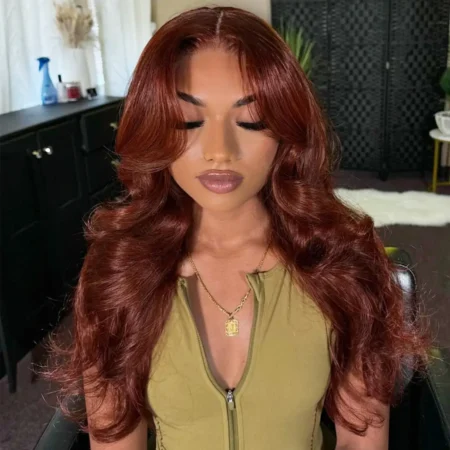 PapaHair Beauty | Reddish Brown Curtain Bangs Body Wave 6×5 Pre-cut HD Glueless Wig - Image 8