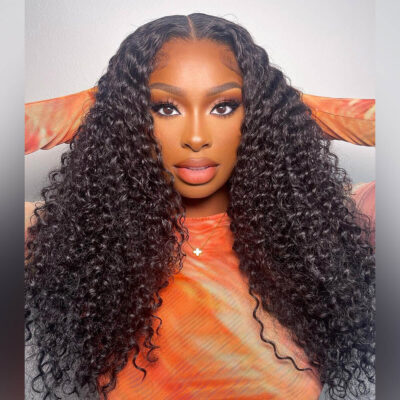 Close-up of 6x5 pre-cut HD lace hairline on curly wig