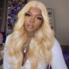 Close-up of 6x5 pre-cut HD lace hairline showing platinum blonde strands