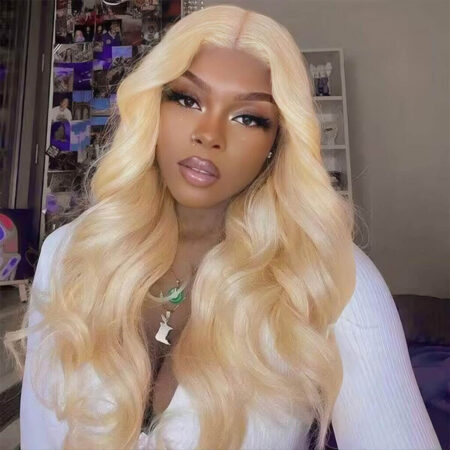 Close-up of 6x5 pre-cut HD lace hairline showing platinum blonde strands