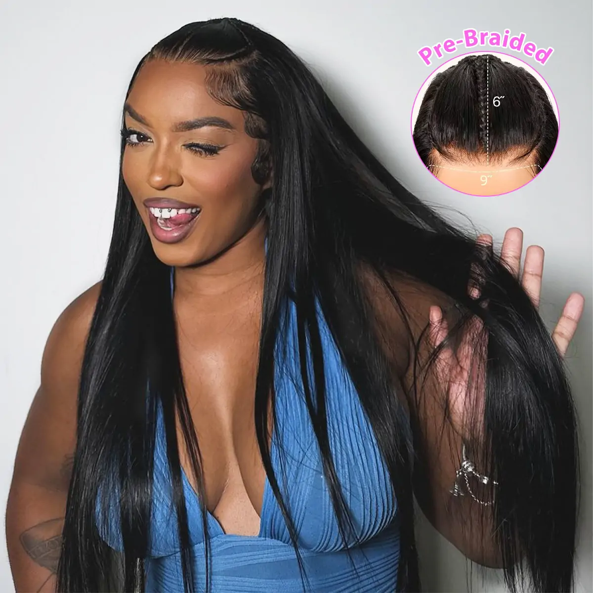 Pre-Braided Straight Glueless HD Lace Wig – 9×6 | Snug Fit | One Size
