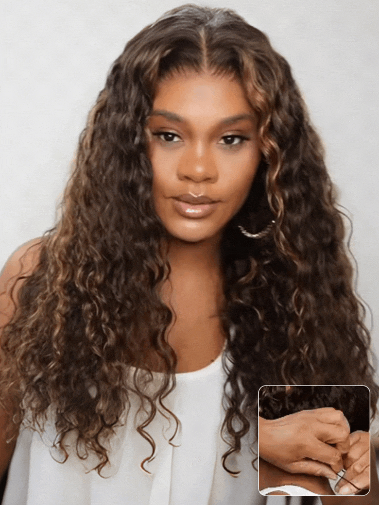 PapaHair Bueaty | 7x5 Bye Bye Knots Water Wave Highlight Wig – Deep Brown with Blonde Highlights Put On and Go Human Hair Wig - Image 4