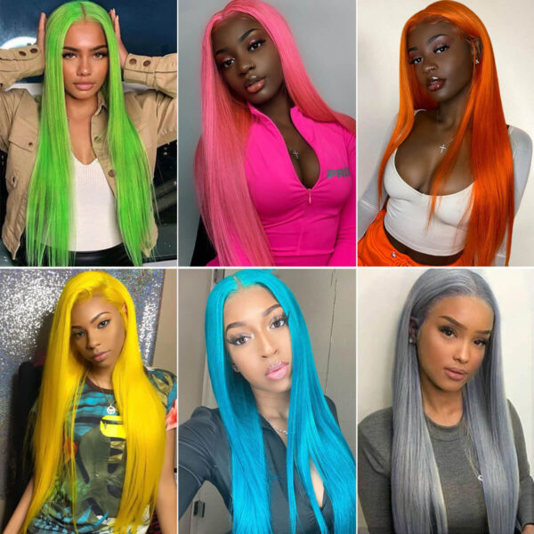 13×4 Colorful Straight Lace Front Wigs – Pink/Yellow Colored Human Hair, 180% Density