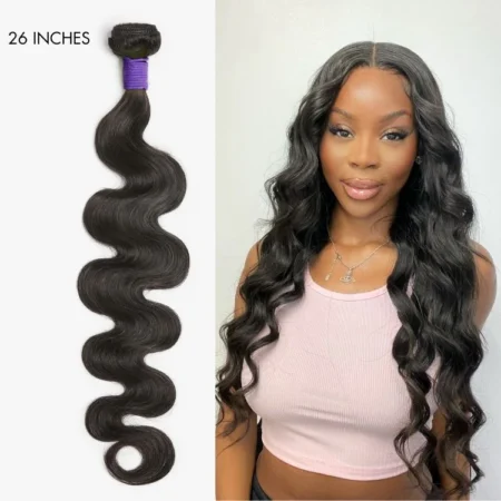 Close-up of unprocessed body wave hair showing natural curl pattern and shine