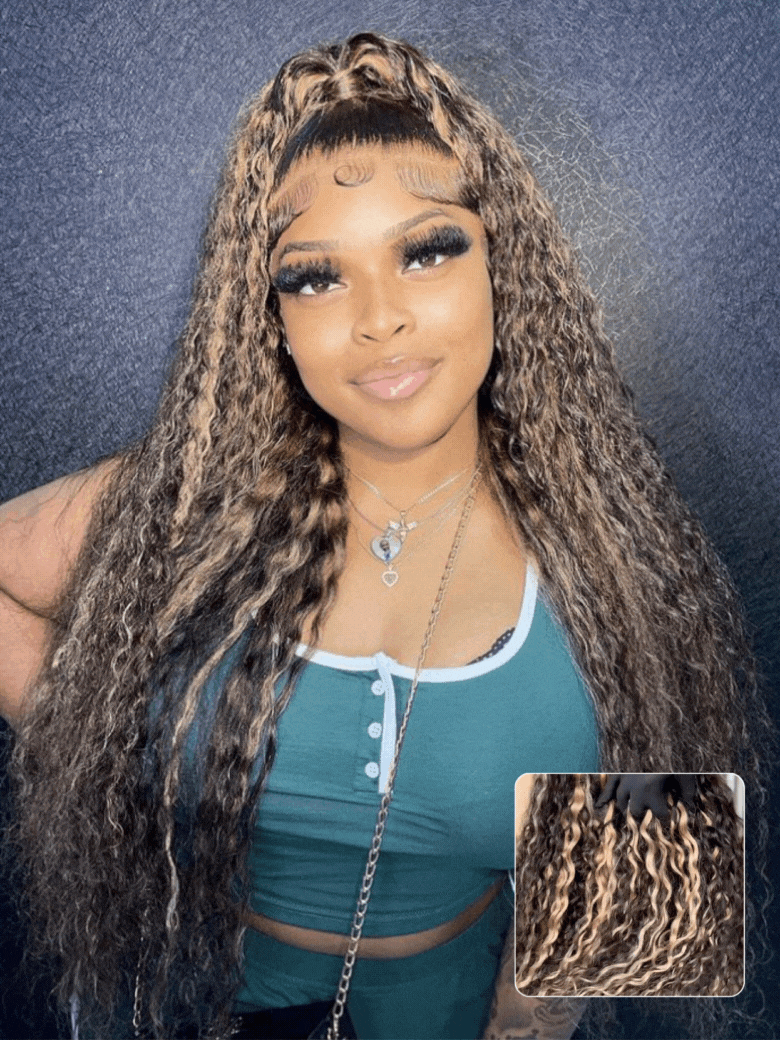 PapaHair Beauty | 13x4 Pre everything™ Water Wave Natural Black with Caramel Blonde Highlights – Put On And Go Wig with Drawstring