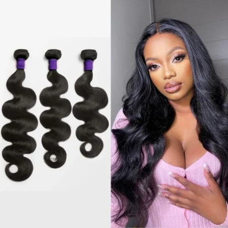 Close-up of unprocessed body wave hair showing natural curl pattern
