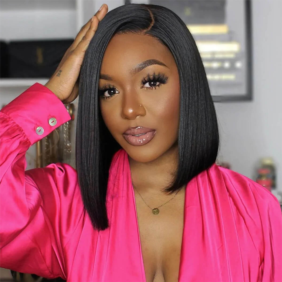 Super Double Drawn Bone Straight Bob Wig – Blunt Cut, 6×5 Natural C-Side Part Glueless Straight Bob Wig (Vietnam Hair)