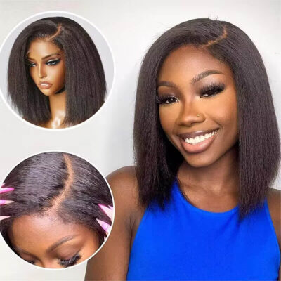 4C Edges Hairline Kinky Straight 6×5 Pre-bleached Knots Natural Scalp – 180% Density Short Bob Wig