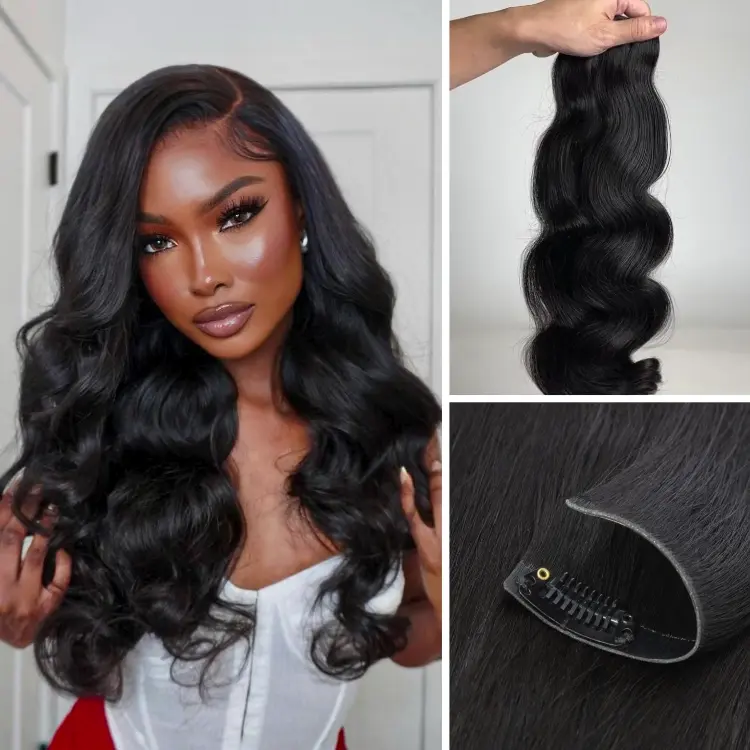 Soft body wave seamless clip-in human hair extensions on model