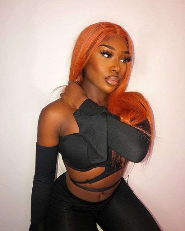 Close-up of 13x4 hd lace hairline on ginger straight wig