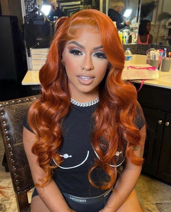 Close-up of 13x4 hd lace hairline on ginger straight wig