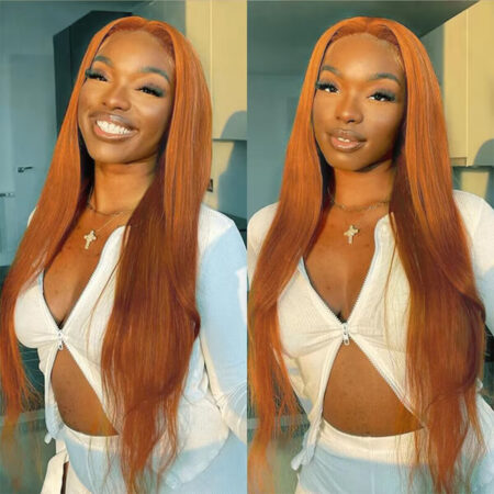 Close-up of 13x4 hd lace hairline on ginger straight wig