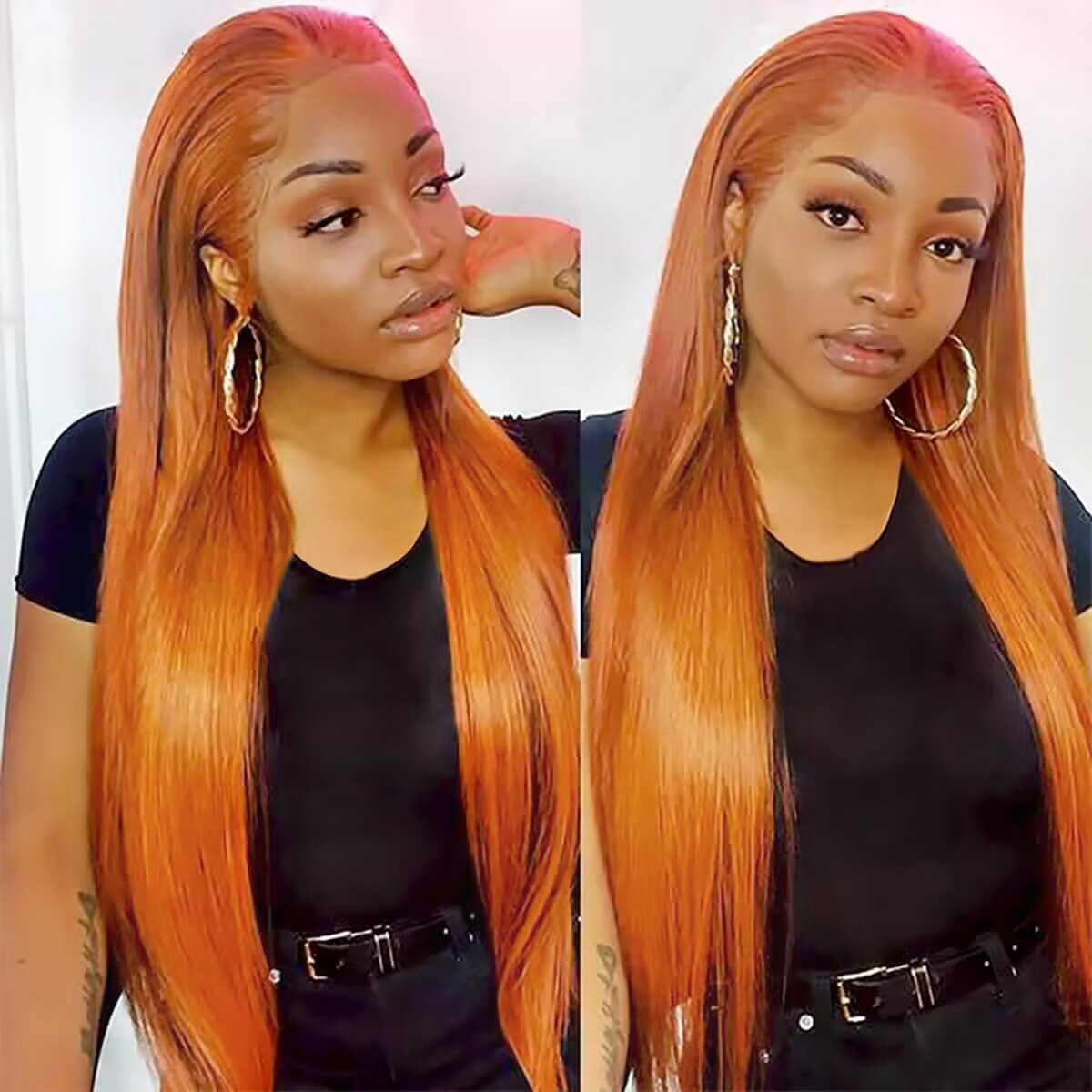 Close-up of 13x4 hd lace hairline on ginger straight wig