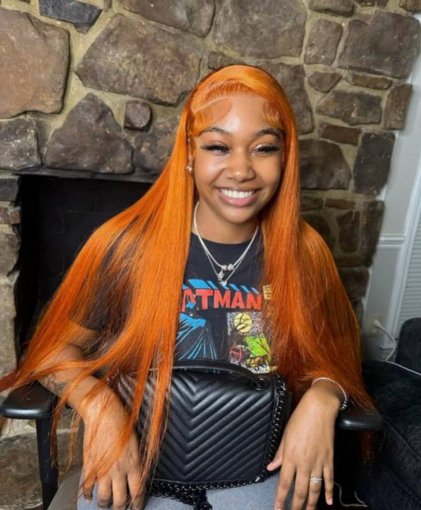 Close-up of 13x4 hd lace hairline on ginger straight wig