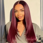 Close-up of 6x5 pre-cut HD lace hairline on burgundy wig