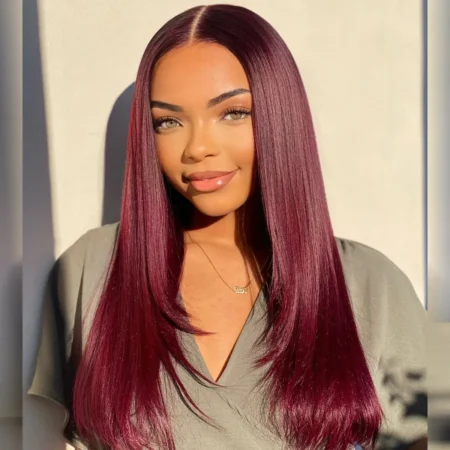 Close-up of 6x5 pre-cut HD lace hairline on burgundy wig