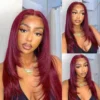 Close-up of 6x5 pre-cut HD lace hairline on burgundy wig