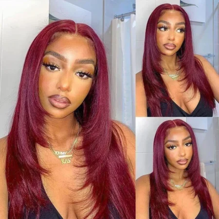 Close-up of 6x5 pre-cut HD lace hairline on burgundy wig