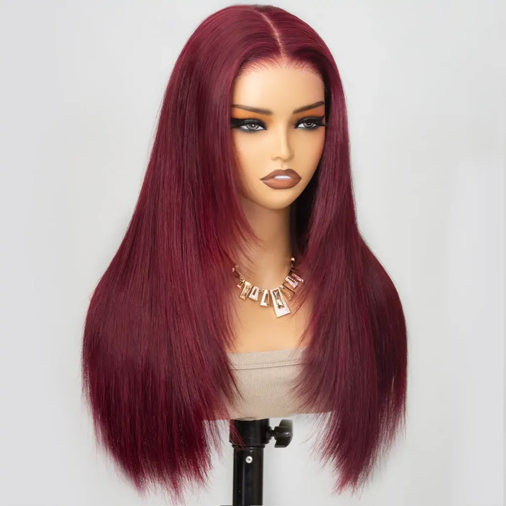 Close-up of 6x5 pre-cut HD lace hairline on burgundy wig