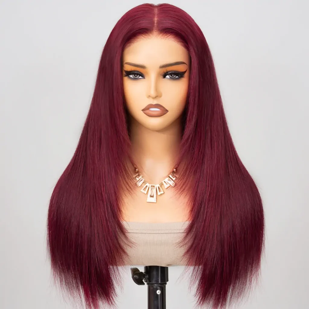Close-up of 6x5 pre-cut HD lace hairline on burgundy wig