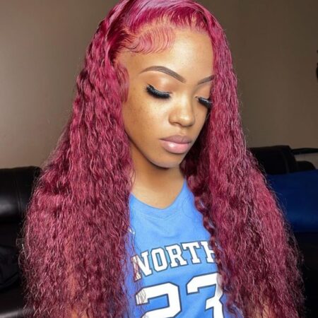 Close-up of 6x5 lace closure hairline on burgundy deep wave wig