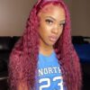 Close-up of 6x5 lace closure hairline on burgundy deep wave wig