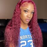 Close-up of 6x5 lace closure hairline on burgundy deep wave wig
