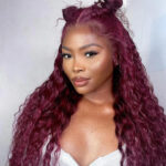 Close-up of 6x5 lace closure hairline on burgundy deep wave wig