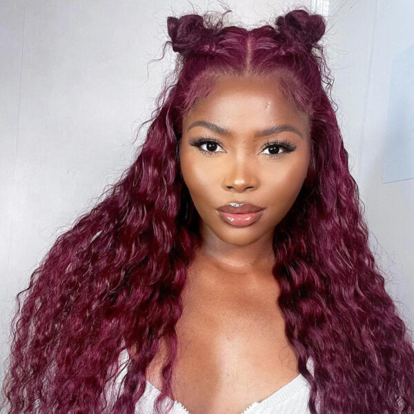 Close-up of 6x5 lace closure hairline on burgundy deep wave wig