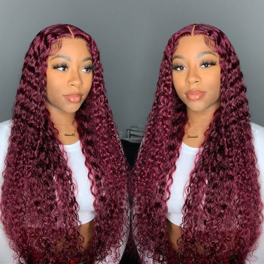 Close-up of 6x5 lace closure hairline on burgundy deep wave wig