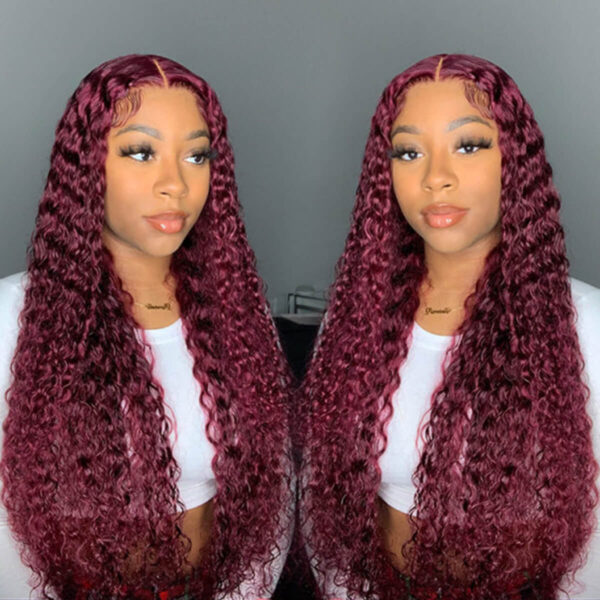 Close-up of 6x5 lace closure hairline on burgundy deep wave wig