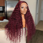 Close-up of 6x5 lace closure hairline on burgundy deep wave wig