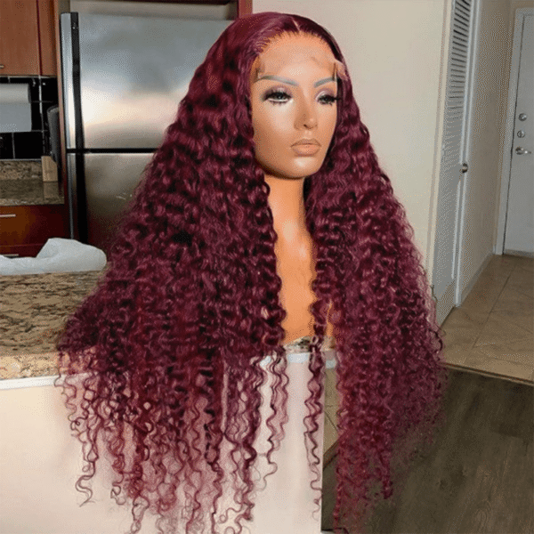 Close-up of 6x5 lace closure hairline on burgundy deep wave wig