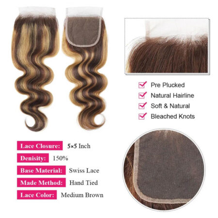 Brazilian Virgin Body Wave Hair – P4/27 Highlight | 3 Bundles + 5×5 Lace Closure - Image 3
