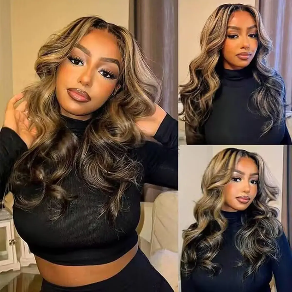 PapaHair Beauty | Face-Framing Curtain Bangs Honey Blonde Highlight Body Wave Wig