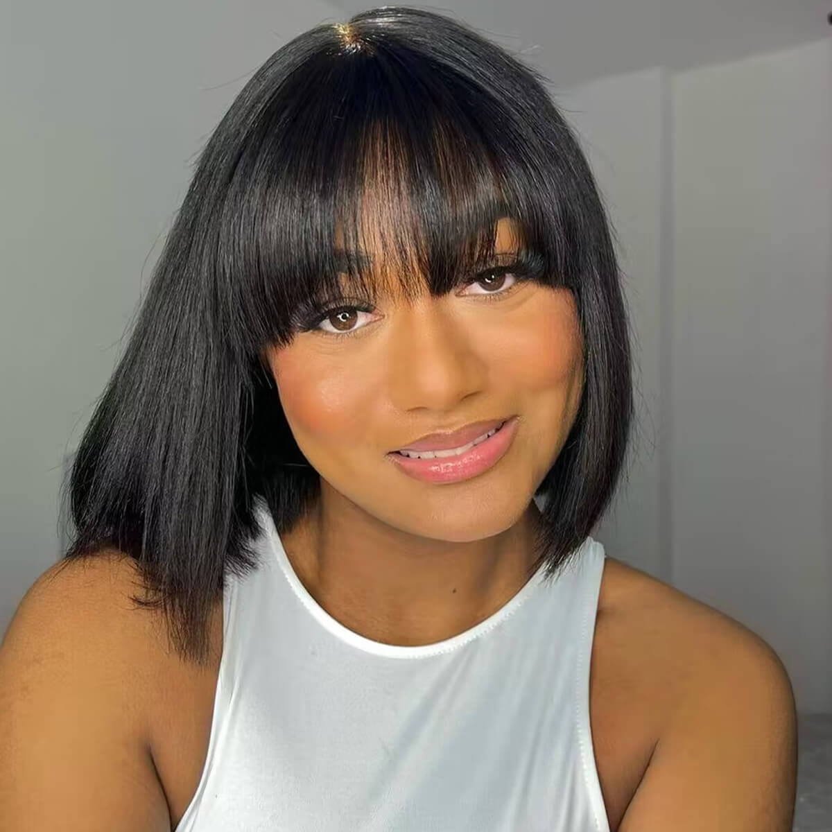 PapaHair Beauty | Straight & Yaki Straight Bob Wig With Fringe Bangs – Wear Go Glueless Wig, 180% Density, Realistic Scalp