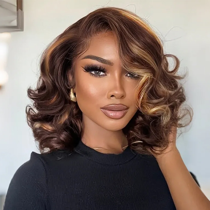 PapaHair Beauty | Glueless 6×5 Pre-cut Lace Closure Wig – Honey Blonde Highlight Short Cut Loose Body Wave Wig